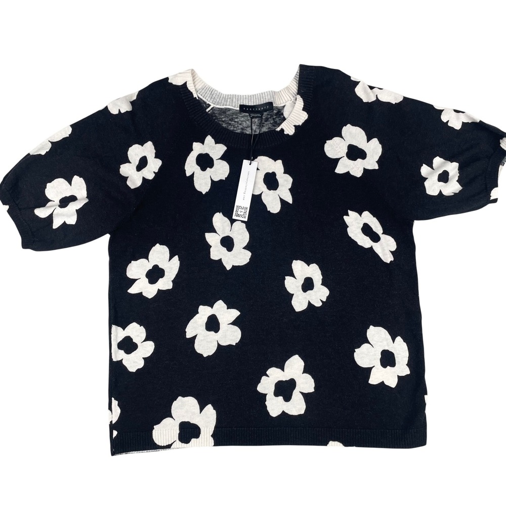 Sanctuary Womens Black White Floral Daisy Short Sleeve Sweater CW1137SCT Large
